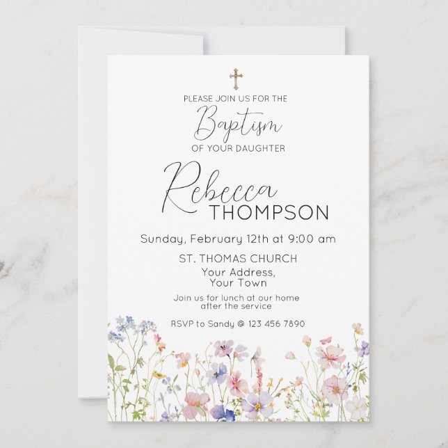 Wildflower Baptism Girl Invitation Inbjudningar (Framsida)