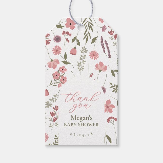 Wildflower Bebis Shower Tacksamhetsetikett - Rosa Presentetikett (Framsidan)