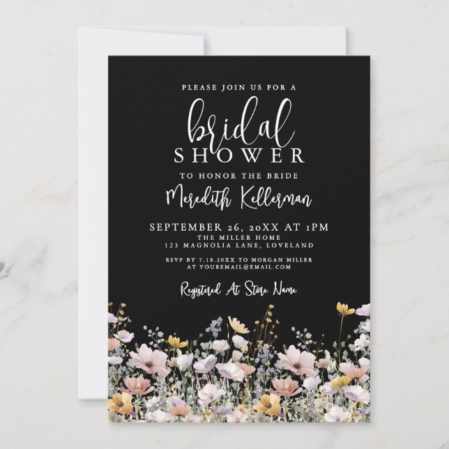 Wildflower Black Floral Bridal Shower Inbjudningar (Framsida)