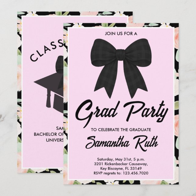 Wildflower Black Gingham Bow Graduation Party Inbjudningar (Fram/baksida)