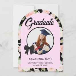 Wildflower Black Gingham Bow Photo Graduation Inbjudningar