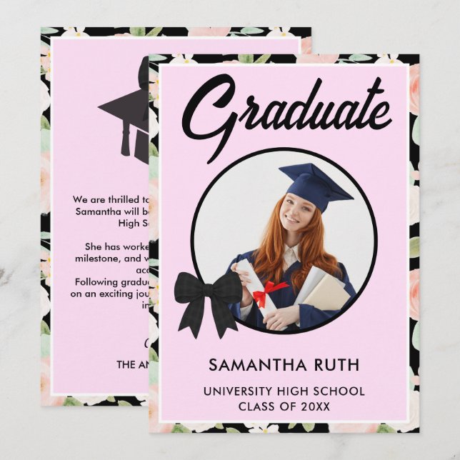 Wildflower Black Gingham Bow Photo Graduation Meddelande (Fram/baksida)