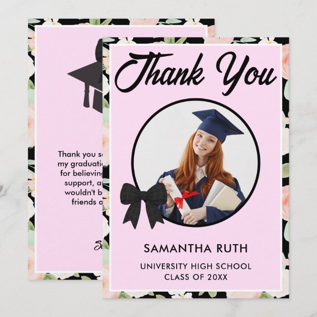 Wildflower Black Gingham Bow Photo Graduation Tack Kort (Fram/baksida)