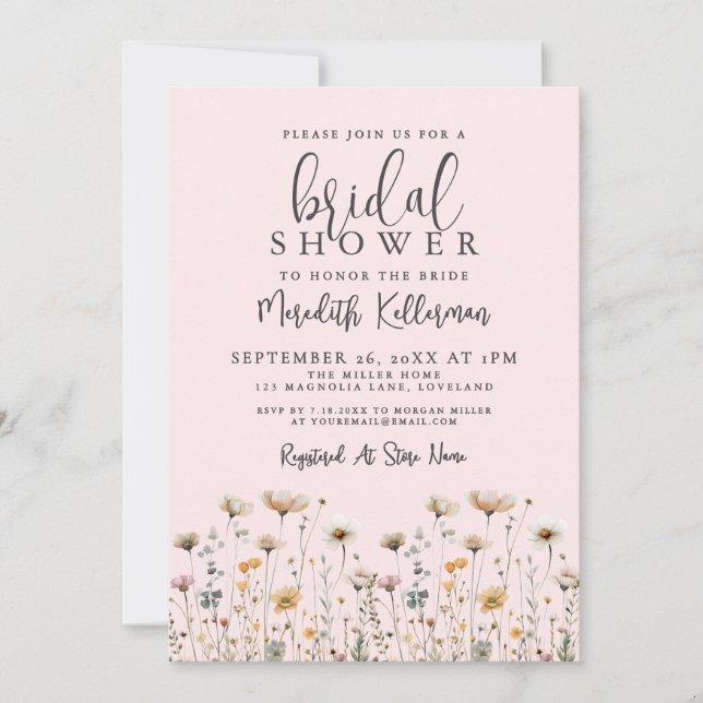 Wildflower Blush Pink Bridal Shower Inbjudningar (Framsida)