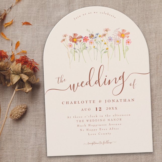 Wildflower Boho Fall Beige Terracotta Rust QR code Inbjudningar (Wildflower meadow boho fall floral beige terracotta Wedding arch invitation elegant modern script )