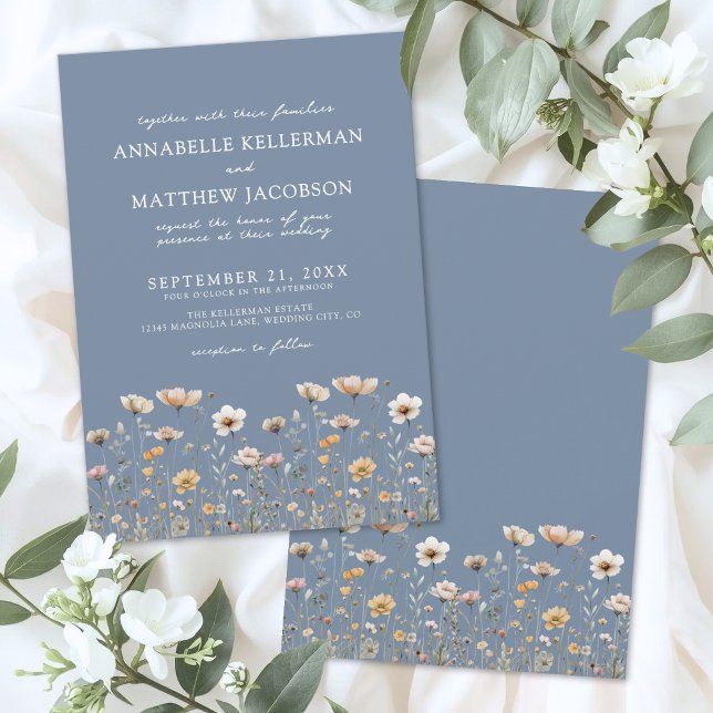 Wildflower Boho Floral Blue Wedding Inbjudningar (Wildflower Boho Floral Blue Wedding Invitation)