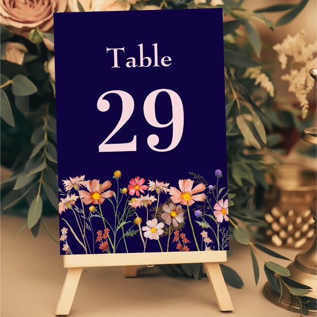 Wildflower Boho Floral Navy Blue Blush Wedding Bordsnummer (Wildflower boho fall floral navy blue blush pink Wedding table number Garden meadow flowers )