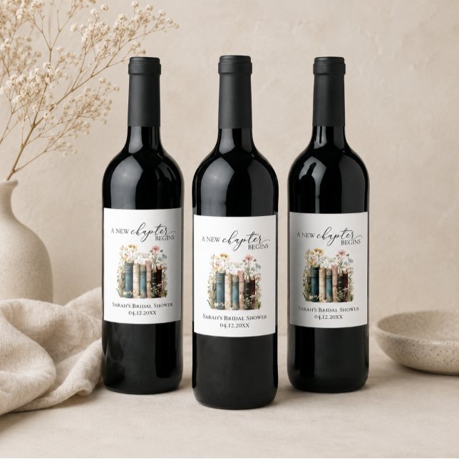 Wildflower Books Bröllopsdusch Tack Gåvokort Vinflaska Etikett (new chapter begins wine bottle labels)