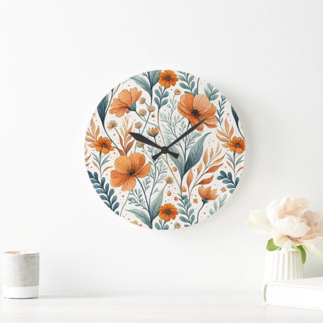 Wildflower Botanical Boho Floral Watercolor Stor Klocka (Hem)