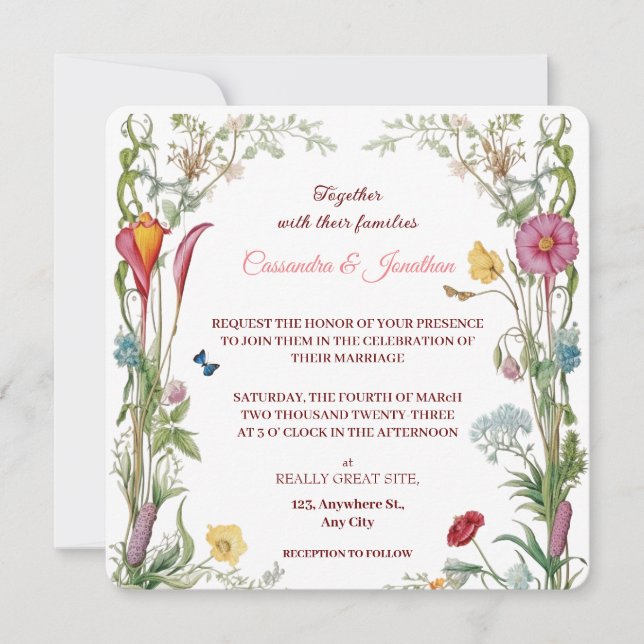 Wildflower Botanical Flowers & Butterflies Wedding Inbjudningar (Framsida)
