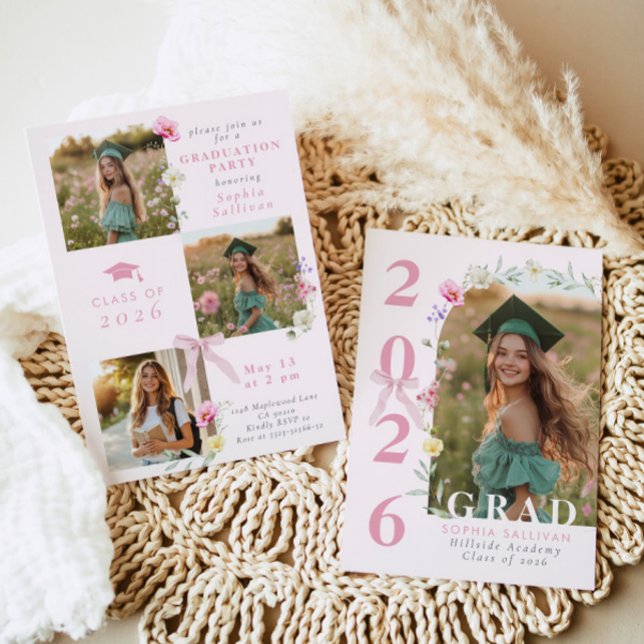 Wildflower Bow Graduation party Photo Collage Inbjudningar (Skapare uppladdad)