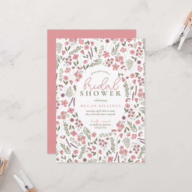 wildflower bridal shower invitation - pink inbjudningar (Fram/Back In Situ)