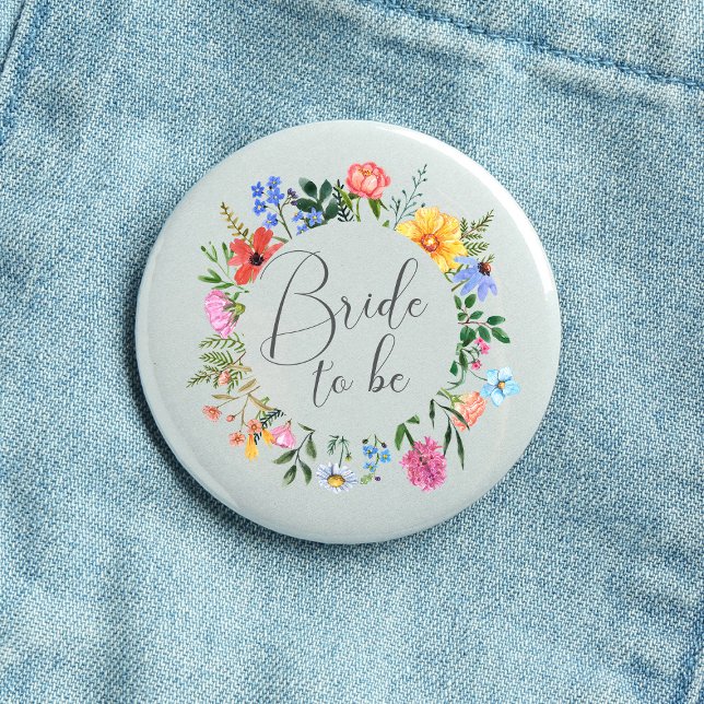Wildflower Brud Att Vara Manus Bröllop  Knapp (Bride to be Wildflower Watercolor Floral Wreath Wedding Button)