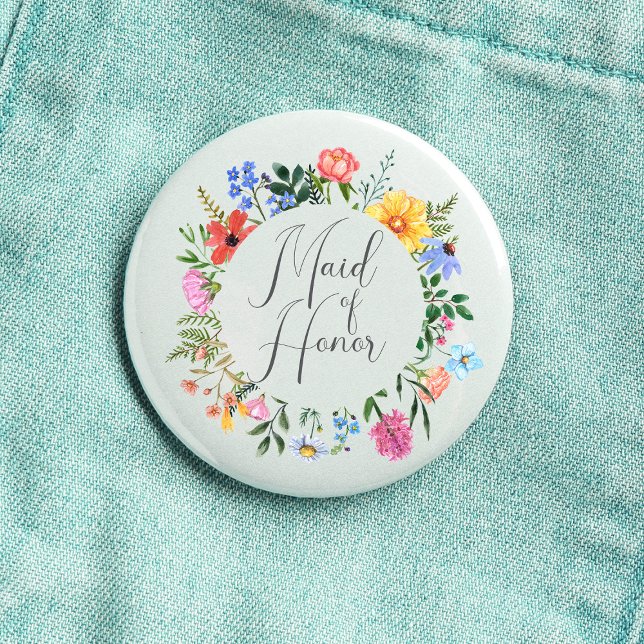 Wildflower Brudtjänst Manus Bröllop  Knapp (Maid of Honor Wildflower Watercolor Floral Wreath Wedding Button
)