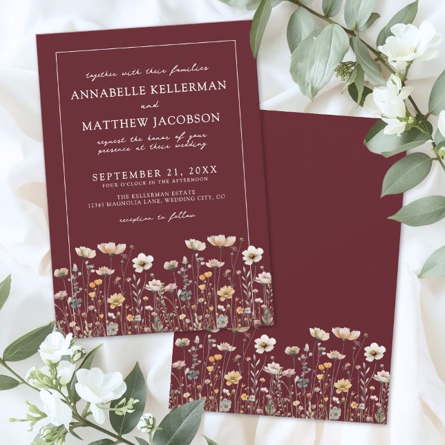Wildflower Burgundy Floral Wedding Inbjudningar (Wildflower Burgundy Floral Wedding Invitation)