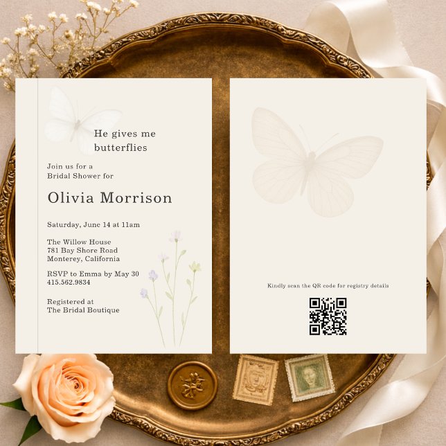 Wildflower Butterflies QR Code Bridal Shower Inbjudningar (Skapare uppladdad)