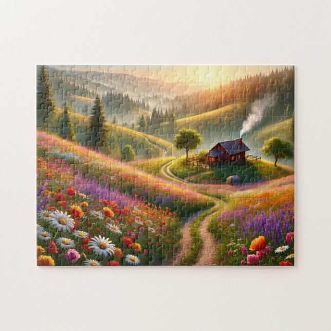 Wildflower Cabin Scenic Spring Landscape Pussel (Horisontell)