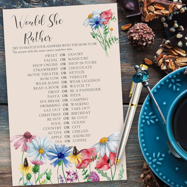 Wildflower Charm Would She Rather Duschspel (Would She Rather Bridal Shower Game from my Wildflower Charm collection)