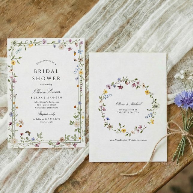 Wildflower Elegant Floral Garden Bridal Shower Inbjudningar (Elegant wildflowers bridal shower invitation with watercolor flowers, botanical greenery, flowers)