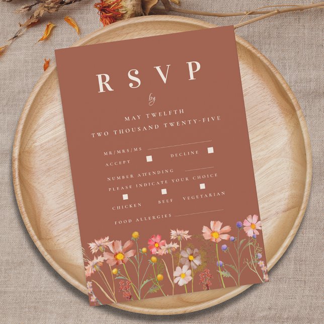 Wildflower Fall Terracotta Meal Options Wedding OSA Kort (Wildflower boho fall floral terracotta rust meal options Wedding RSVP card Autumn garden meadow )