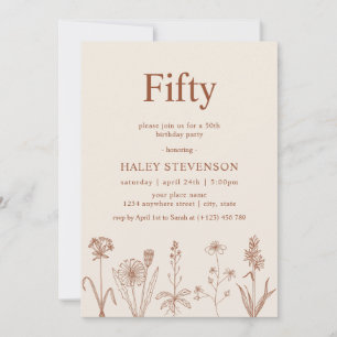 Wildflower Fifty Beige Terracotta 50-årsdag Inbjudningar