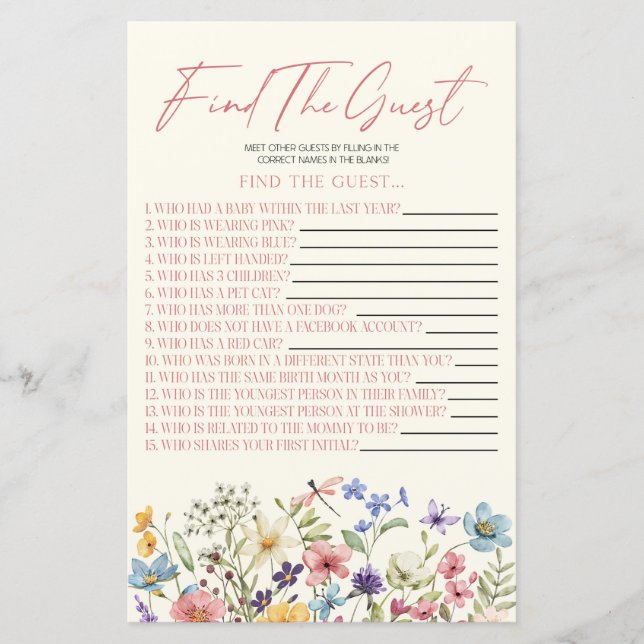 Wildflower Floral Find The Guest Baby Shower Game (Framsida)