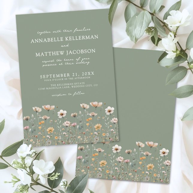 Wildflower Floral Green Wedding Inbjudningar (Wildflower Floral Green Wedding Invitation)