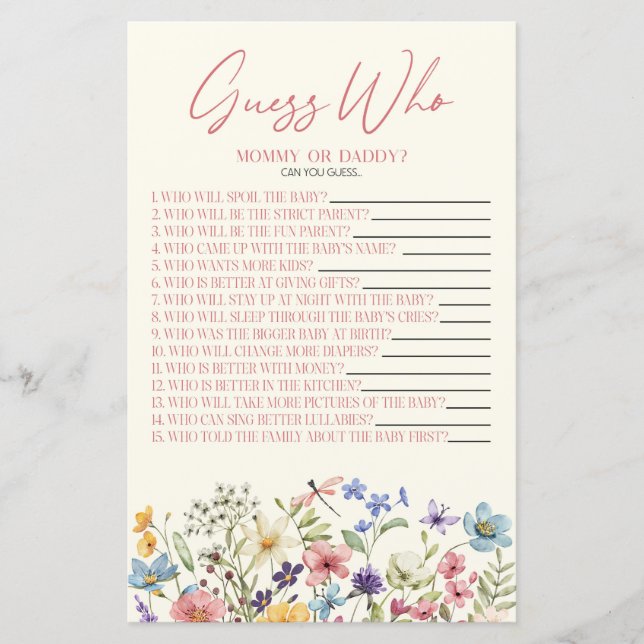 Wildflower Floral Guess Who Baby Shower Game (Framsida)