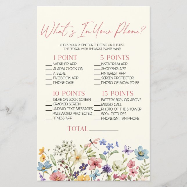 Wildflower Floral In Your Phone Baby Shower Game (Framsida)