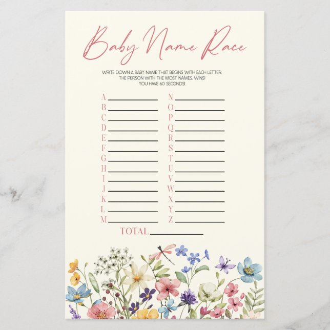 Wildflower Floral Name Race Baby Shower Game (Framsida)