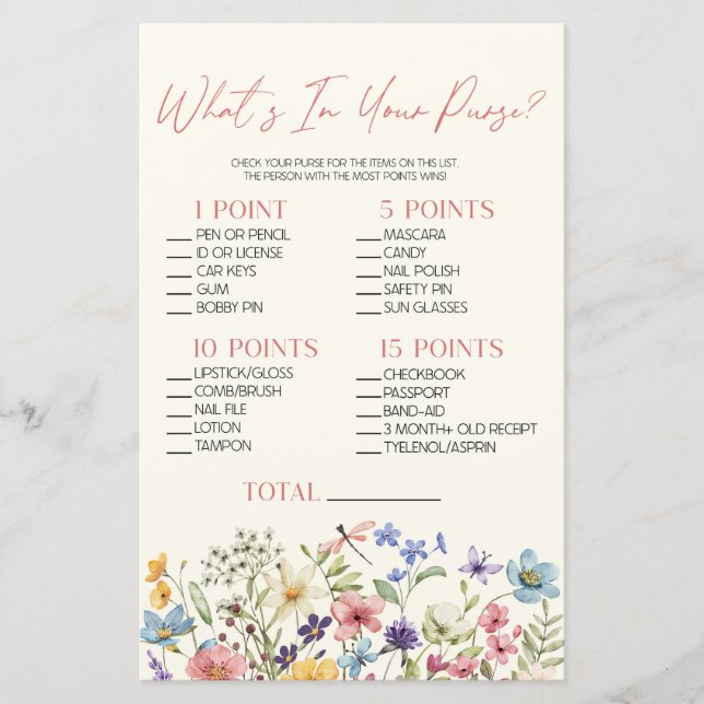 Wildflower Floral What's In Purse Baby Shower Game (Framsida)