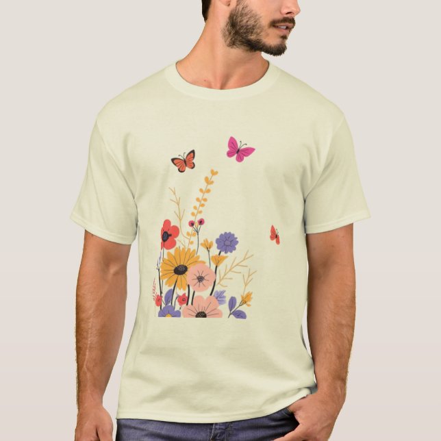 Wildflower Garden & Butterflies Folk Art  T Shirt (Framsida)