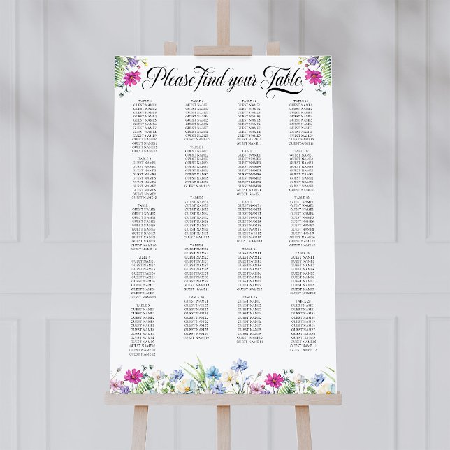 Wildflower Garden Flexibelt Bordsitskort Poster (Wedding Table Seating Chart from Wildflower Garden Wedding Collection by Darling & May)