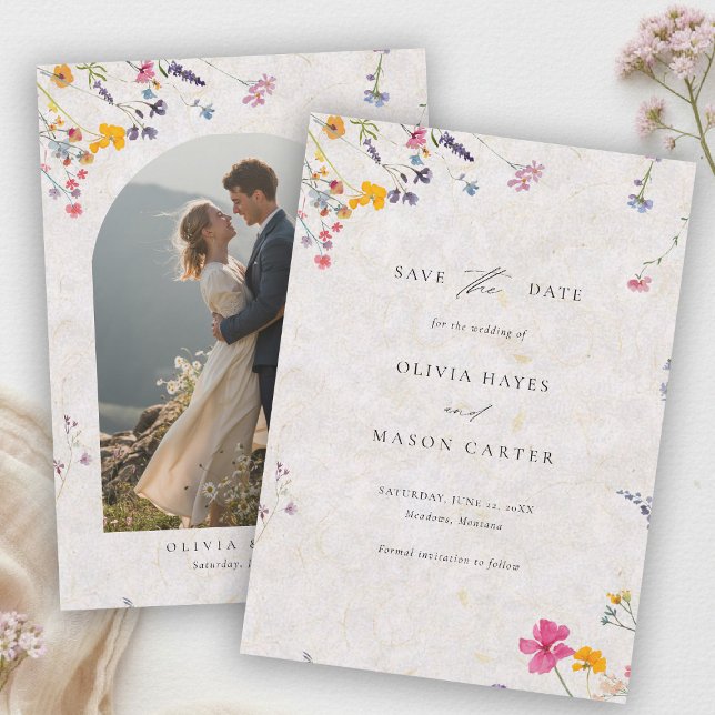 Wildflower Garden Modern Blush Rosa Foto Bröllop Spara Datumet (wildflower wedding photo save the date watercolor garden backyard barn summer spring pink arch)
