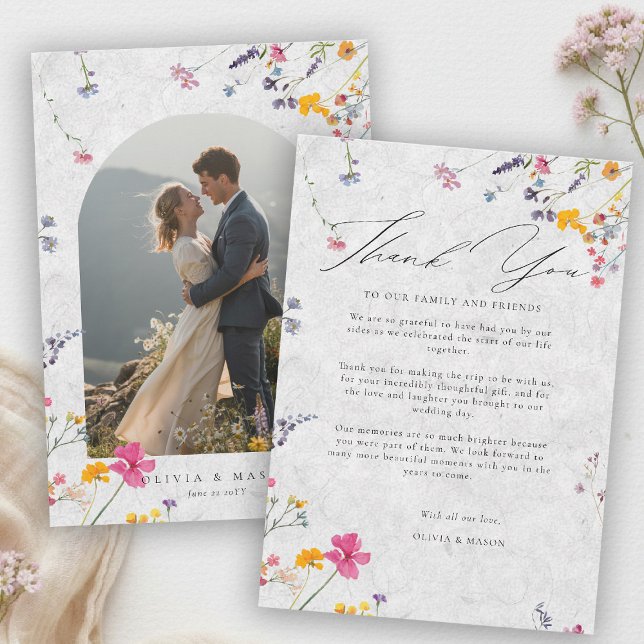 Wildflower Garden Modern Elfenbensfärgad Båg Bröll Tack Kort (wildflower wedding photo thank you watercolor garden backyard barn summer spring arch ivory)