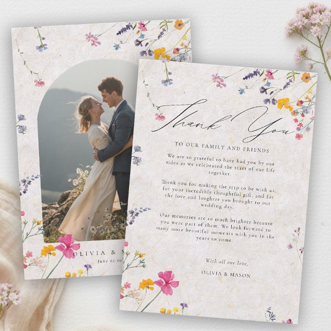 Wildflower Garden Modern Rosa Bröllopsbåge Tack Kort (wildflower wedding photo thank you watercolor garden backyard barn summer spring arch pink blush)