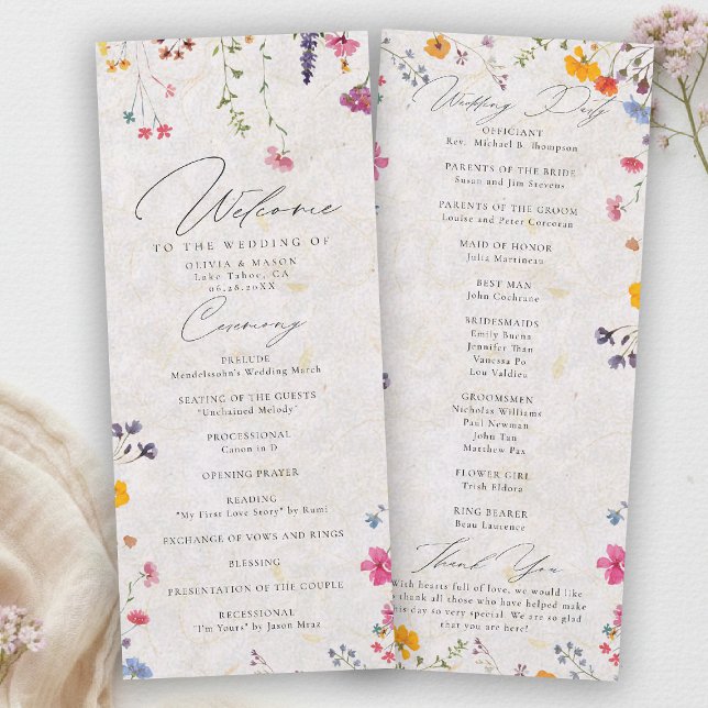 Wildflower Garden Modern Rosa Bröllopsprogram (wildflower wedding program watercolor garden backyard barn summer spring elegant romantic pink blush)