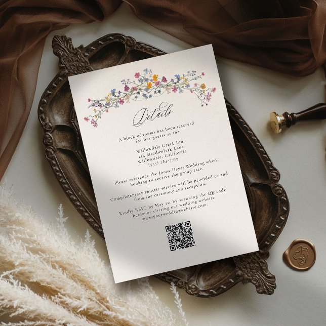 Wildflower Grace Elegant QR-kod Bröllopsdetaljer Tilläggskort (wildflower wedding theme details romantic colorful watercolor pastel floral timeless modern classic)