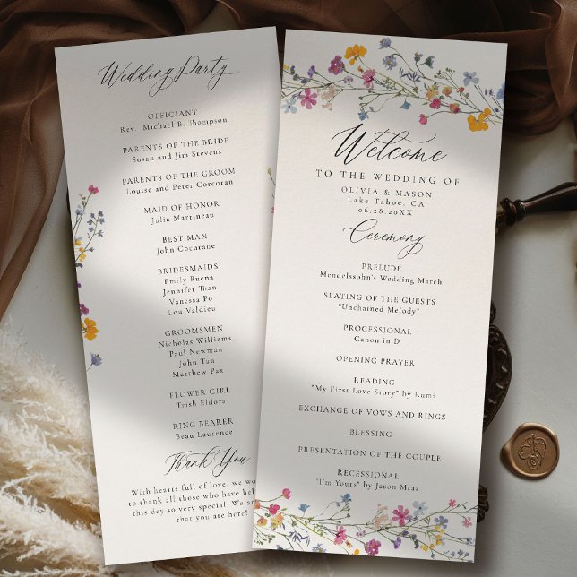 Wildflower Grace Modern Elegant Bröllopsprogram (wildflower wedding theme program romantic colorful watercolor pastel floral timeless classic)