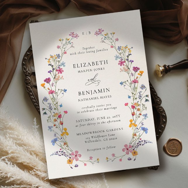 Wildflower Grace Romantic Garden Elegant Wedding Inbjudningar (wildflower wedding theme invitation romantic colorful watercolor pastel floral timeless classic)