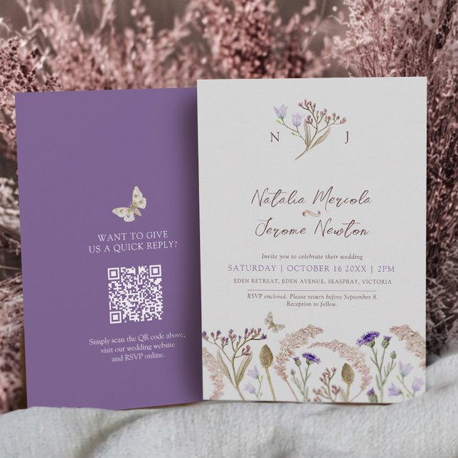 Wildflower grasses watercolor fall wedding QR code Inbjudningar (Skapare uppladdad)