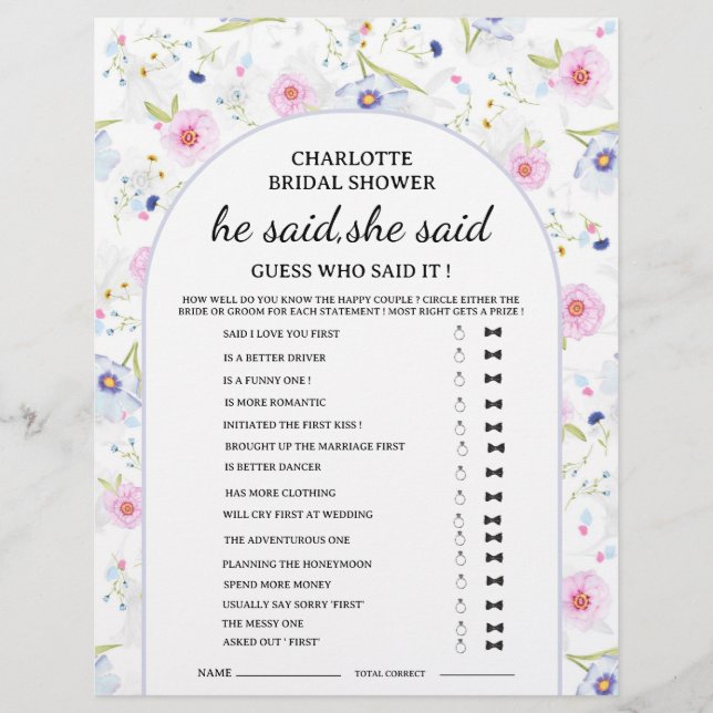 Wildflower Han sa Hon sa Bröllopsduschspel  Reklamblad (Framsidan)