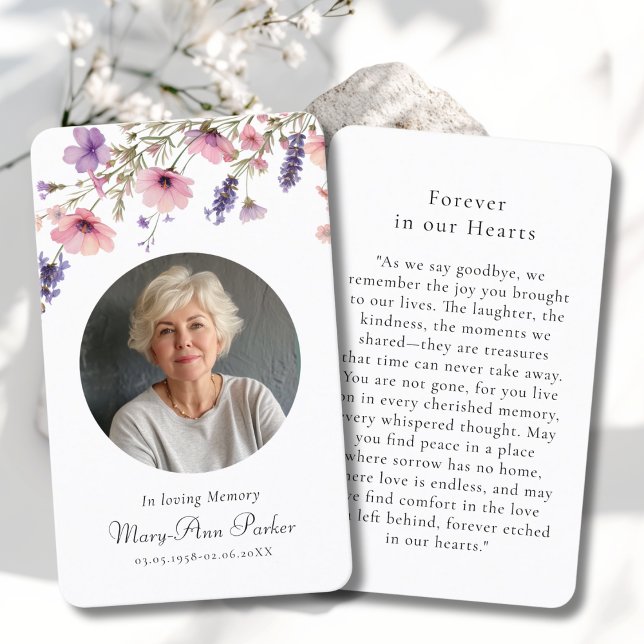Wildflower "In loving Memory" Photo Funeral Visitkort (Wildflower "In loving Memory" Photo Funeral Sympathy Beige Memorial Prayer Cards.)