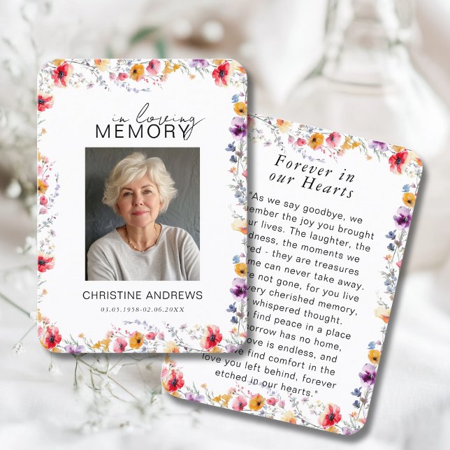 Wildflower "In Loving Memory" Photo Memorial  Visitkort (Wildflower "In Loving Memory" Custom Photo Memorial Funeral Card)