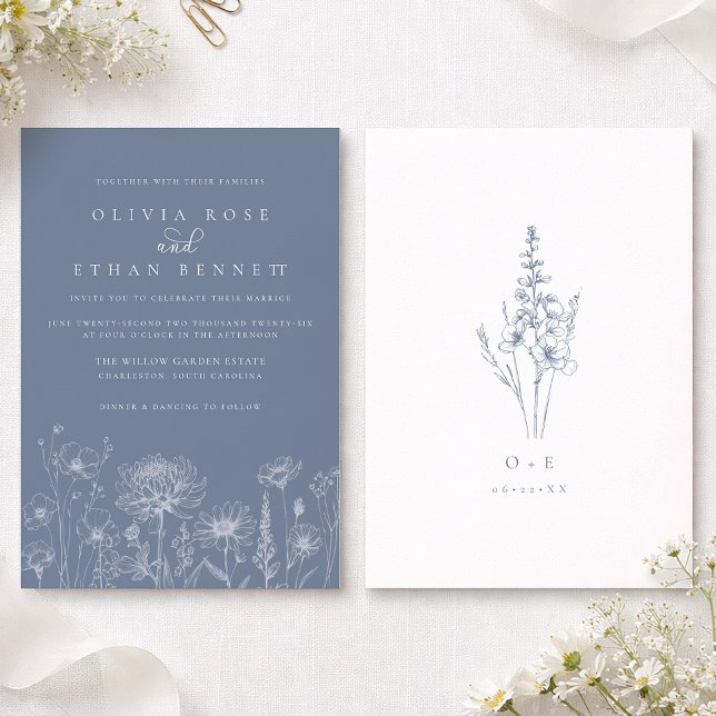 Wildflower Line Art Periwinkle Wedding  Inbjudningar (Periwinkle Wedding Invite)