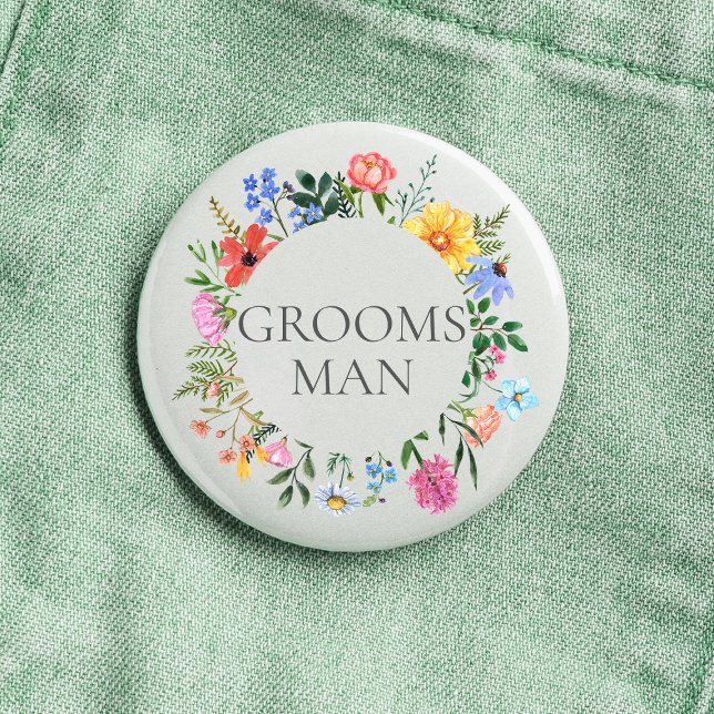 Wildflower Manlig Bröllops  Knapp (Groomsman Wildflower Watercolor Floral Wreath Wedding Button
)