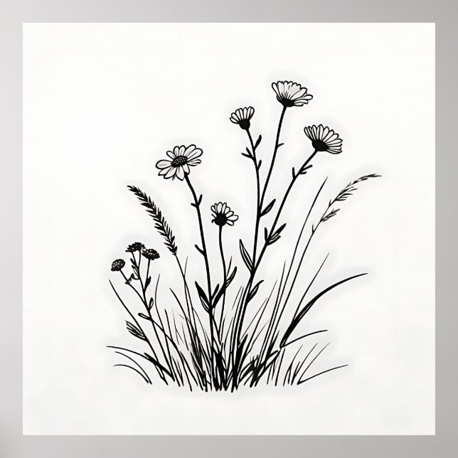 Wildflower Meadow Daisies Line Art Poster (Framsidan)
