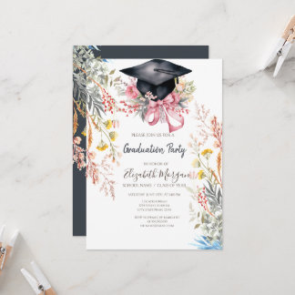 Wildflower Meadow Grad Cap Pink Bow Graduation Inbjudningar