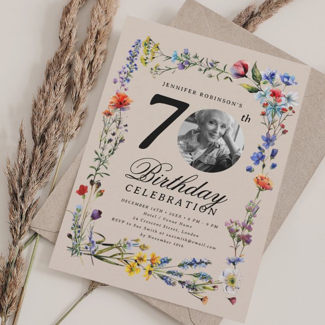 Wildflower Meadow Photo 70th Birthday Champagne  Inbjudningar (Wildflower Meadow Photo 70th Birthday Champagne Invitation)