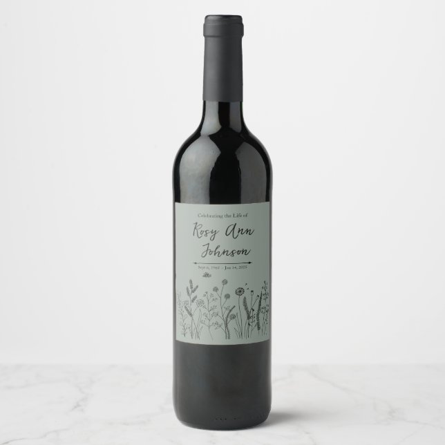 Wildflower Memorial Wine Label on Sage Green Vinflaska Etikett (Framsida)